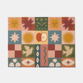 Bohemian Celestial Patchwork with Mystical Symbols ドアマット