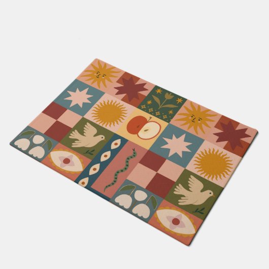 Bohemian Celestial Patchwork with Mystical Symbols ドアマット (アングル)