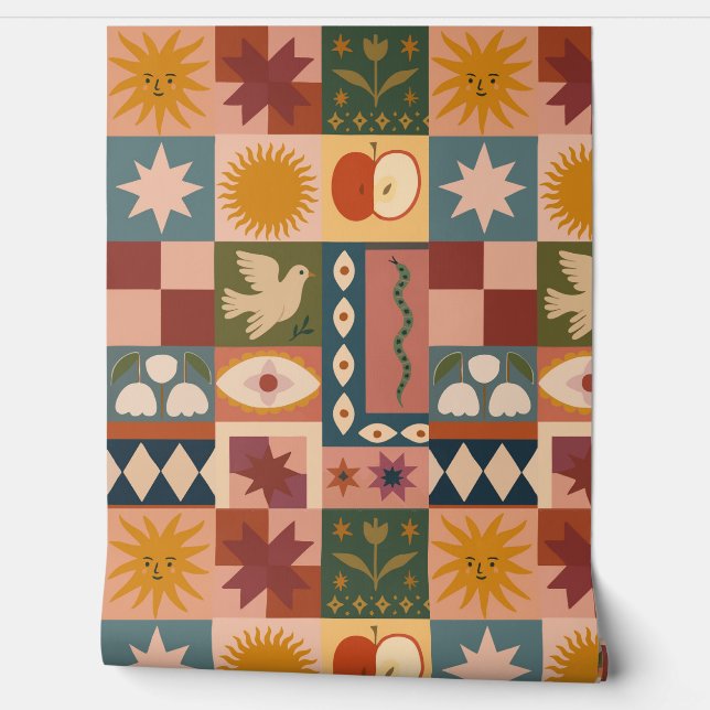 Bohemian Celestial Patchwork with Mystical Symbols 壁紙 (ほどく)