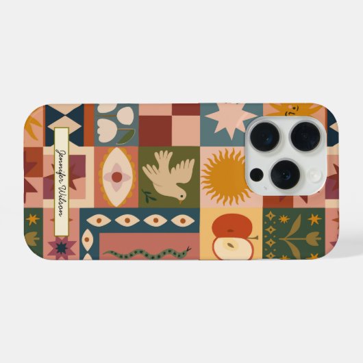 Bohemian Celestial Patchwork with Mystical Symbols iPhoneケース (裏面横)