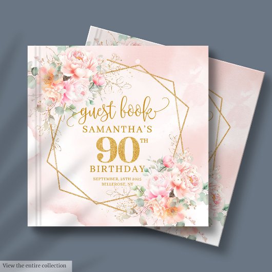 Bohemian Chic Blush Pink Gold Floral 90th Birthday ゲストブック