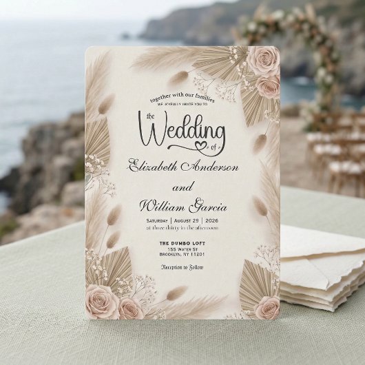Bohemian Chic Rose Pampas Grass Wedding 招待状