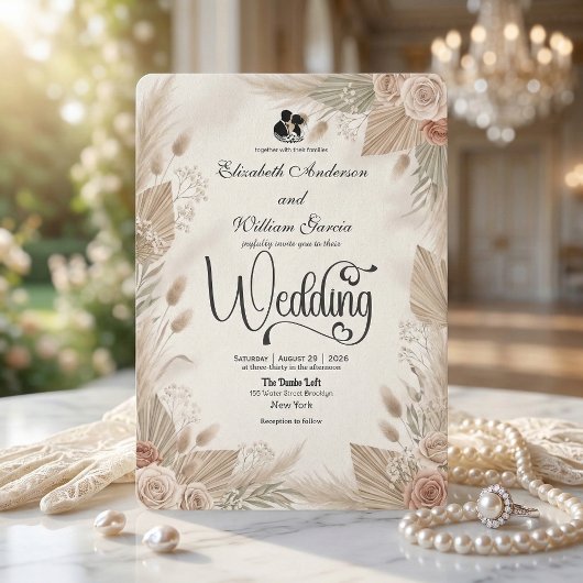 Bohemian Cream Chic Floral Rustic Wedding 招待状