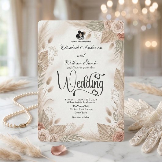 Bohemian Cream Chic Floral Rustic Wedding 招待状