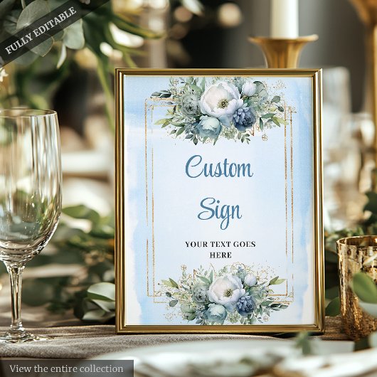 Bohemian Dusty Blue Floral Gold DIY Wedding Sign ポスター
