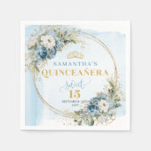 Bohemian Dusty Blue Floral Gold Glitter Quinceañer スタンダードカクテルナプキン (正面)