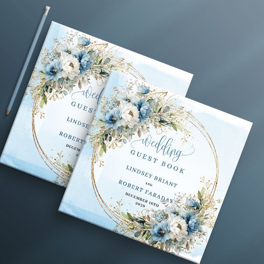 Bohemian Dusty Blue Floral Gold Glitter Wedding  ゲストブック