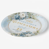 Bohemian Dusty Blue Floral Gold Quince Plates ペーパープレート (アングル)