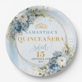 Bohemian Dusty Blue Floral Gold Quince Plates ペーパープレート (正面)