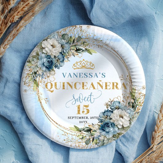Bohemian Dusty Blue Floral Gold Quince Plates ペーパープレート