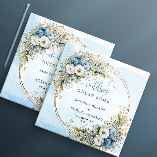 Bohemian Dusty Blue Floral Gold Wedding Guest Book ゲストブック