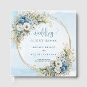 Bohemian Dusty Blue Floral Gold Wedding Guest Book ゲストブック (正面)