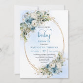 Bohemian Dusty Blue Floral Greenery Baby Shower  招待状 (正面)