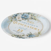 Bohemian Dusty Blue Flowers Gold Glitter Custom  ペーパープレート (アングル)