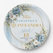 Bohemian Dusty Blue Flowers Gold Glitter Custom  ペーパープレート (正面)