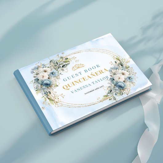 Bohemian Dusty Blue Gold Floral Greenery Guestbook ゲストブック