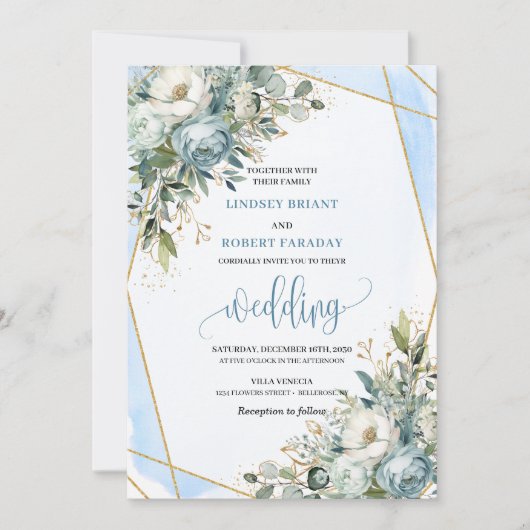 Bohemian Dusty Blue Gold Peonies Wedding Invite 招待状 (正面)