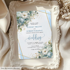 Bohemian Dusty Blue Gold Peonies Wedding Invite 招待状