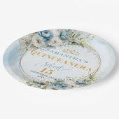 Bohemian Dusty Blue Greenery Gold Quinceañera ペーパープレート (アングル)