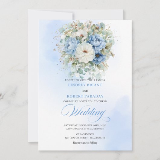 Bohemian Dusty Blue Peony Eucalyptus Wedding Invit 招待状 (正面)