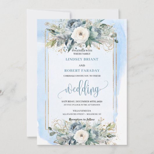 Bohemian dusty blue white flowers wedding invite 招待状 (正面)