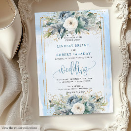 Bohemian dusty blue white flowers wedding invite 招待状
