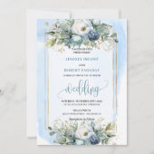 Bohemian Dusty Blue White Gold Peonies Invitation 招待状 (正面)