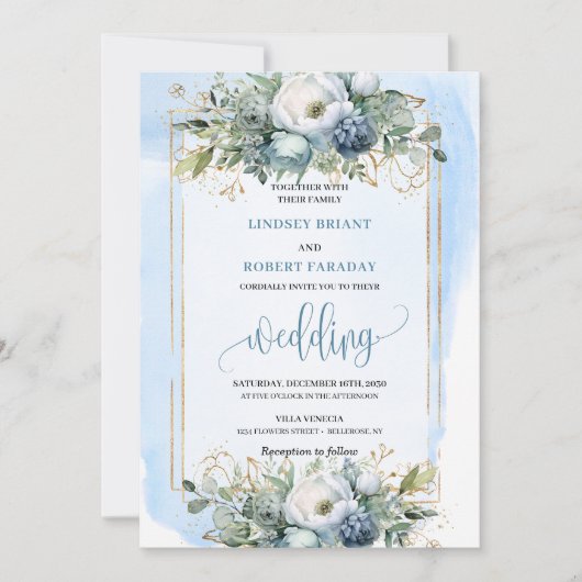 Bohemian Dusty Blue White Gold Peonies Invitation 招待状 (正面)