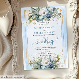 Bohemian Dusty Blue White Gold Peonies Invitation 招待状