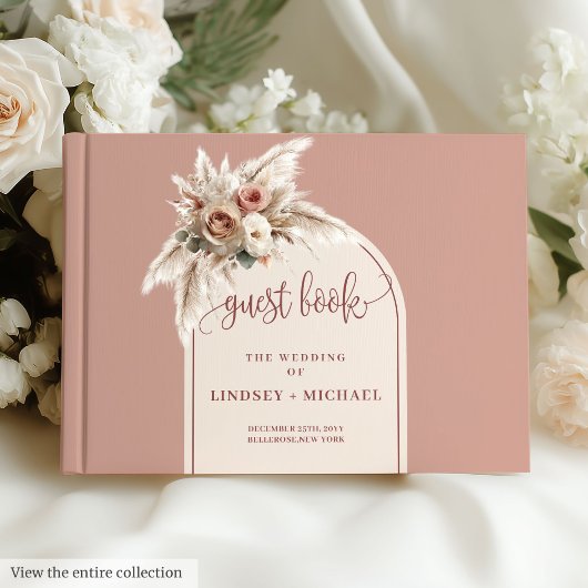 Bohemian Dusty Pink Pampas Arch Roses Wedding Book ゲストブック