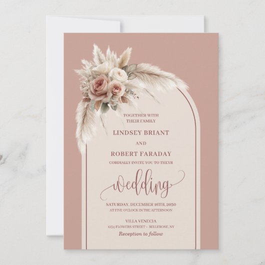 Bohemian Dusty Pink Pampas Arch Wedding Invitation 招待状 (正面)