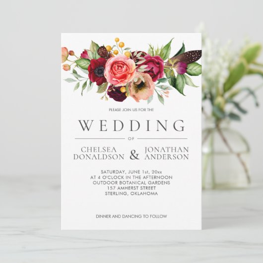 Bohemian Floral Burgundy Feather Wedding | 案内状 (スタンド正面)