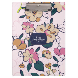 Bohemian Floral Navy Name Monogram クリップボード