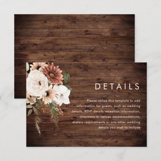 Bohemian Floral Terracotta Rustic Wood Wedding Det エンクロージャーカード (正面/裏面)
