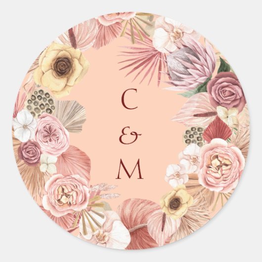 Bohemian Floral Wreath Caramel Initials Stickers ラウンドシール (正面)