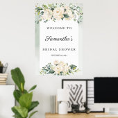 Bohemian foliage white roses bridal shower welcome ポスター (ホームオフィス)