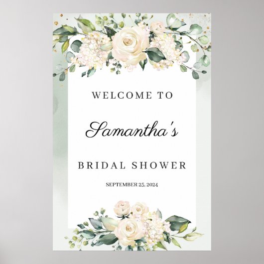 Bohemian foliage white roses bridal shower welcome ポスター (正面)