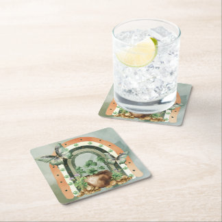 Bohemian Green Watercolor Rainbow Illustration スクエアペーパーコースター