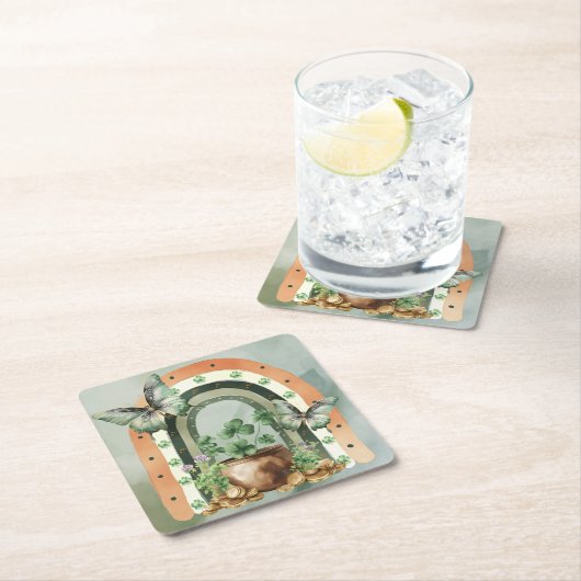 Bohemian Green Watercolor Rainbow Illustration スクエアペーパーコースター (インサイチュ)