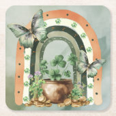 Bohemian Green Watercolor Rainbow Illustration スクエアペーパーコースター (正面)