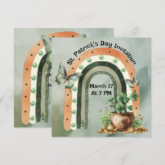 Bohemian Green Watercolor Rainbow Illustration 招待状 (正面/裏面)