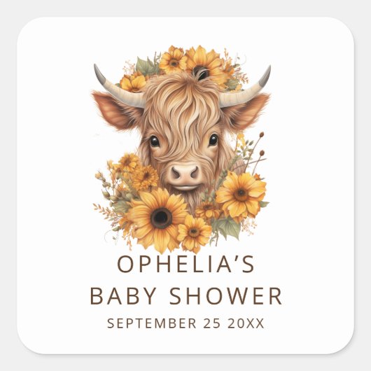 Bohemian Highland Cow Sunflowers Baby Shower スクエアシール (正面)