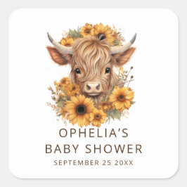 Bohemian Highland Cow Sunflowers Baby Shower スクエアシール