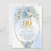 Bohemian Light Blue Floral Gold 90th Birthday 招待状 (正面)