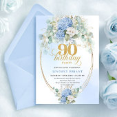 Bohemian Light Blue Floral Gold 90th Birthday 招待状