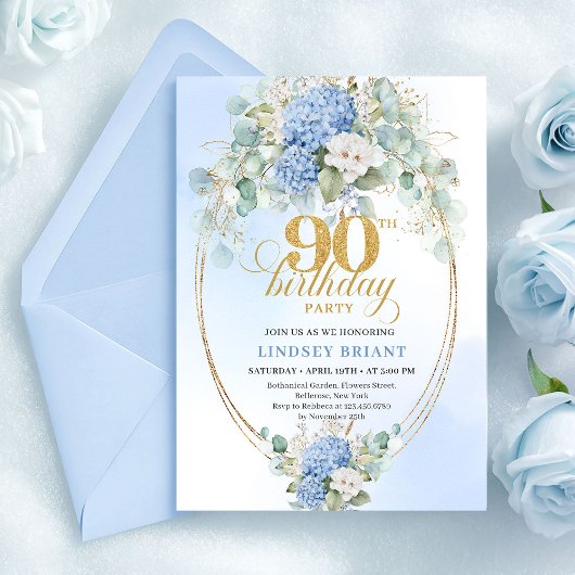 Bohemian Light Blue Floral Gold 90th Birthday 招待状