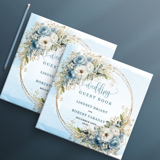 Bohemian Light Blue Floral Gold Glitter Guest Book ゲストブック