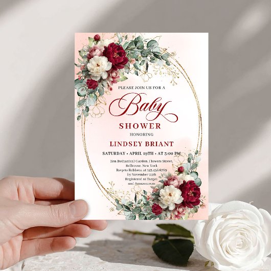 Bohemian Marsala Floral Baby Shower Invitation 招待状