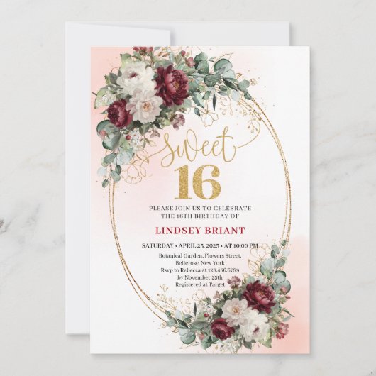 Bohemian Marsala Peonies Gold Sweet 16 Celebration 招待状 (正面)