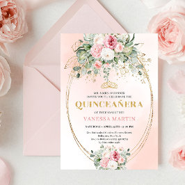 Bohemian Pale Pink Rose Gold Quinceañera Card 招待状